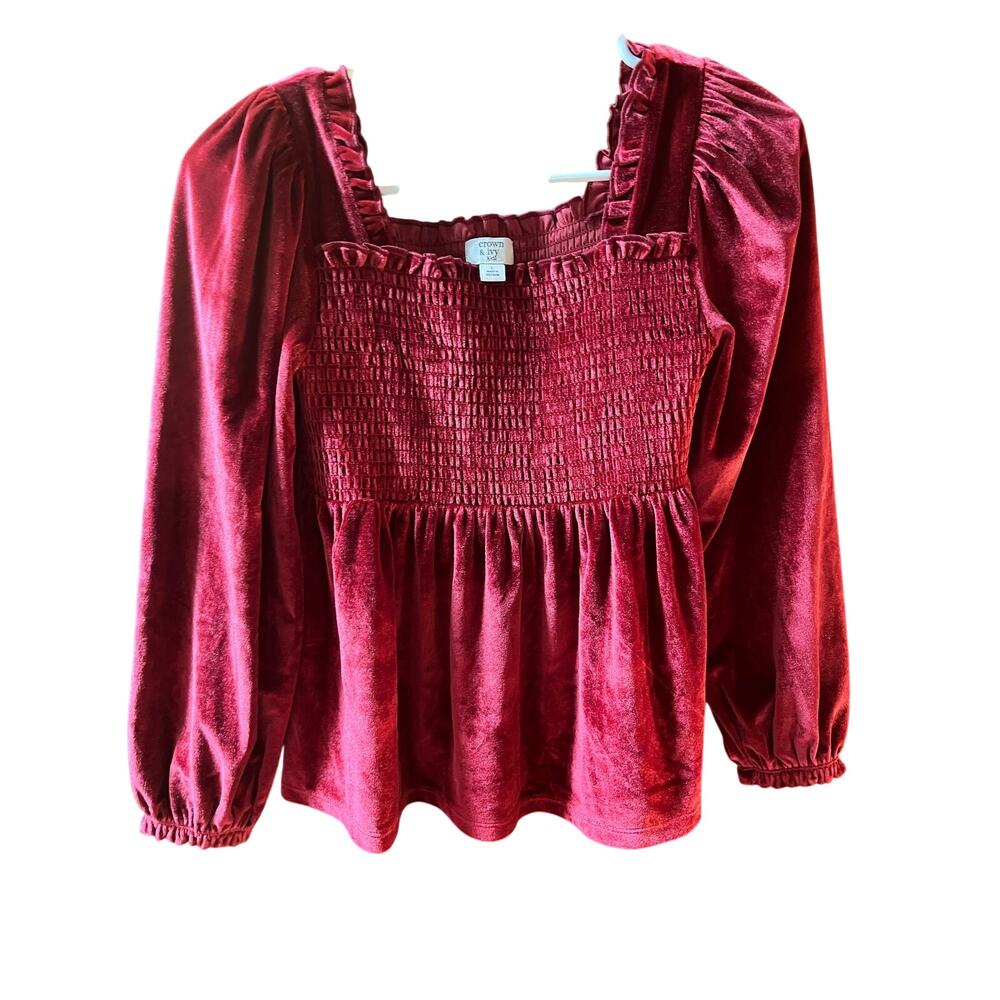 NWOT Crown & Ivy Kids Burgundy Velvet Smocked Square Neck Peplum Top Size L